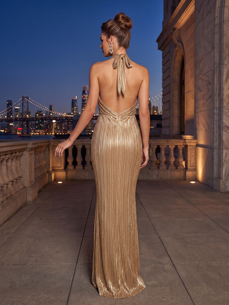 Metallic Satin Mermaid Halter Metallic Lamé Fabric High Waist Evening Dresses