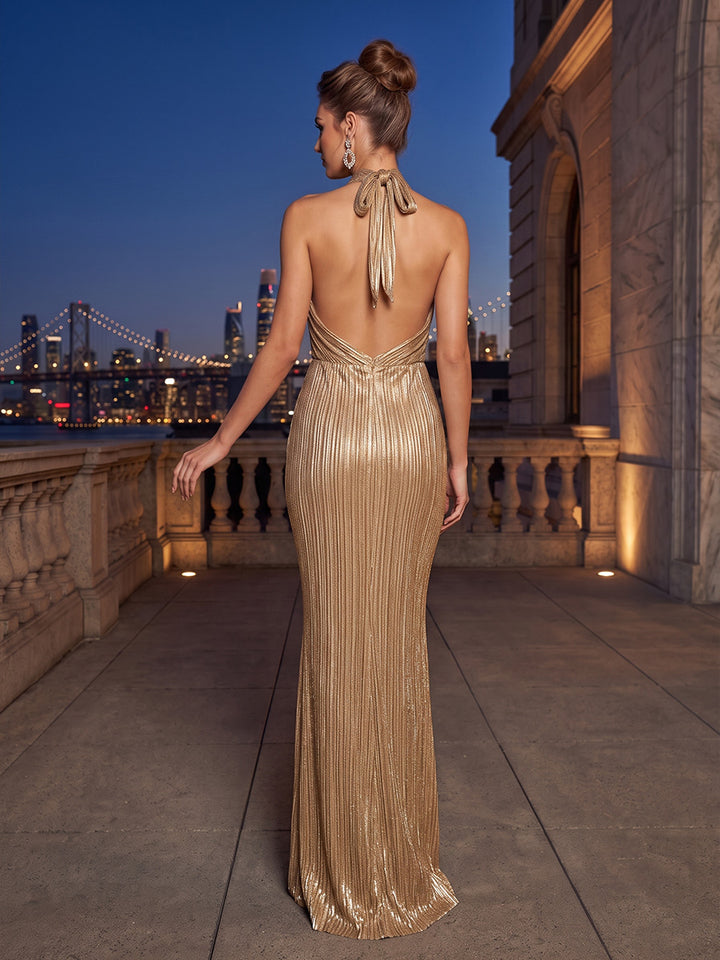 Metallic Satin Mermaid Halter Metallic Lamé Fabric High Waist Evening Dresses
