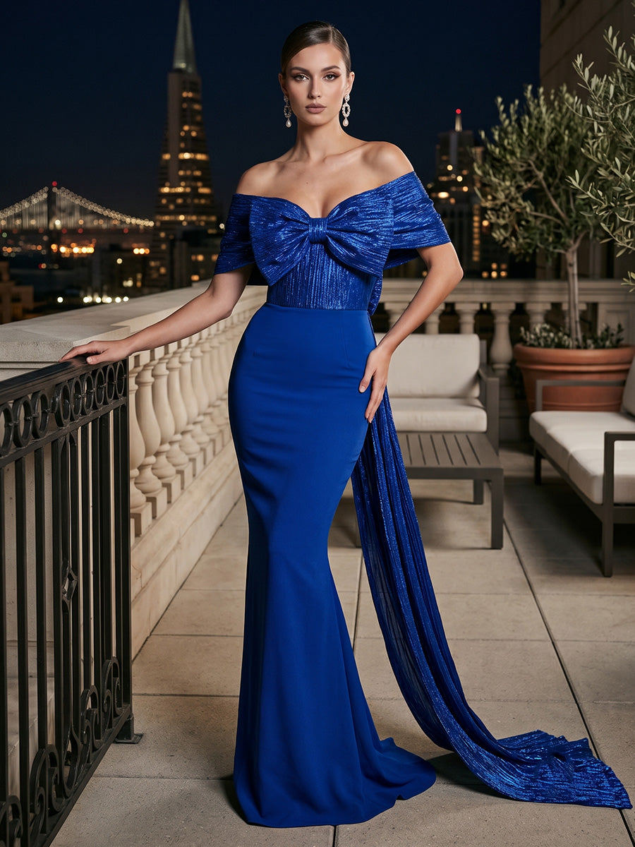 Metallic Satin Mermaid Off the Shoulder Pleats Sash Evening Dresses