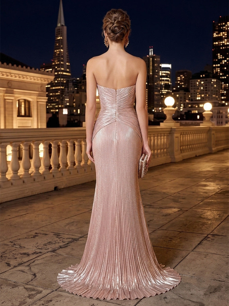 Metallic Satin Mermaid Strapless Pleats Evening Dresses
