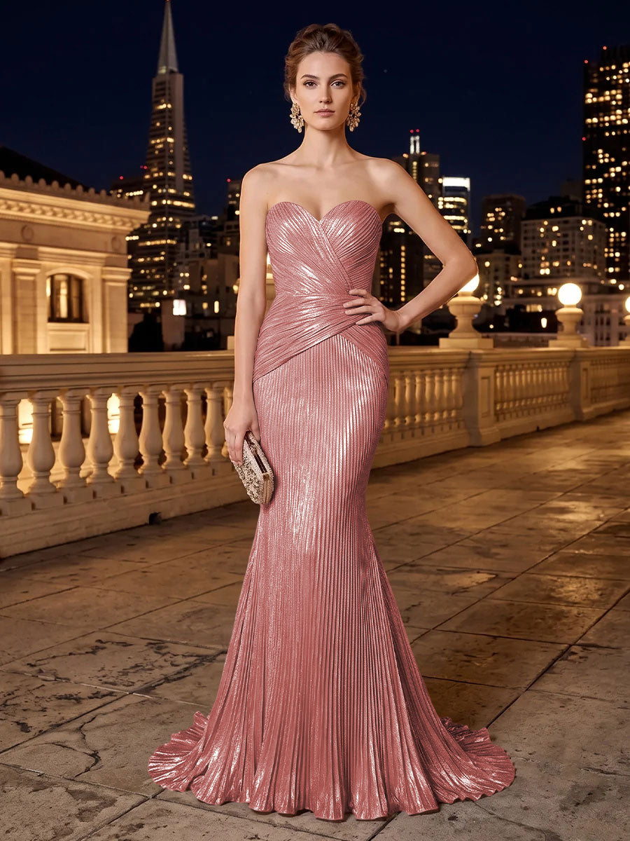 Metallic Satin Mermaid Strapless Pleats Evening Dresses