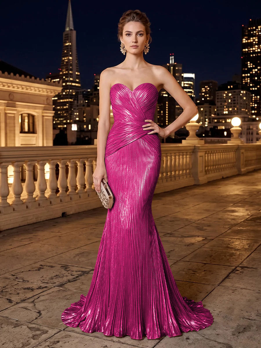 Metallic Satin Mermaid Strapless Pleats Evening Dresses