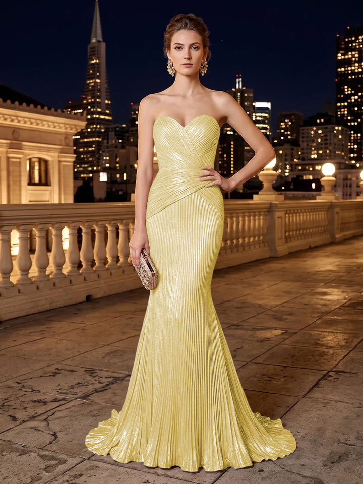 Metallic Satin Mermaid Strapless Pleats Evening Dresses