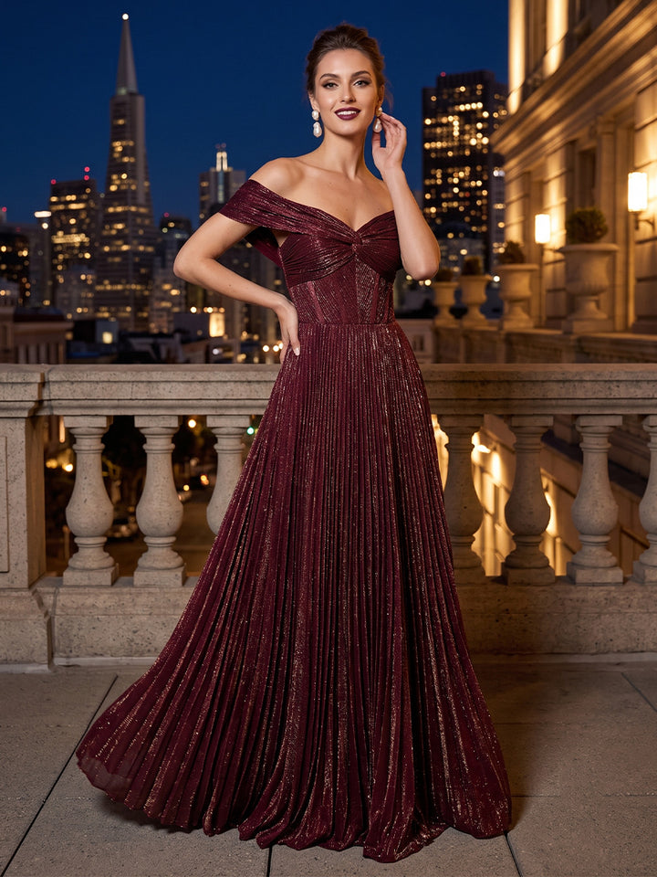 Metallic Satin A Line Off the Shoulder corset waist Deep V Backless Evening Dresses
