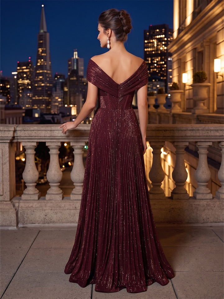 Metallic Satin A Line Off the Shoulder corset waist Deep V Backless Evening Dresses