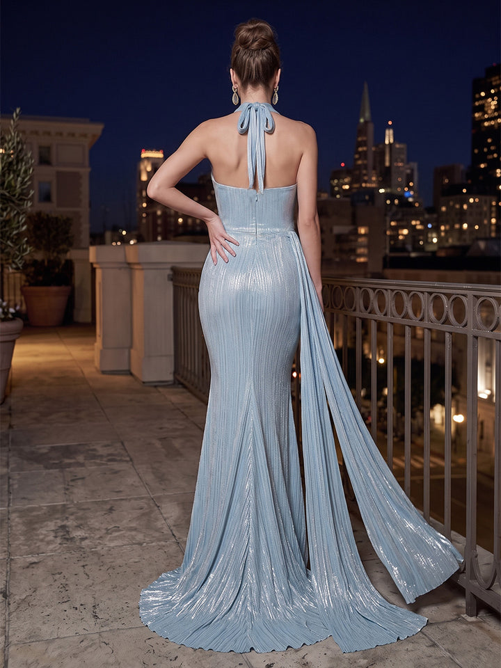 Metallic Satin Mermaid Halter Pleats Long Train Evening Dresses