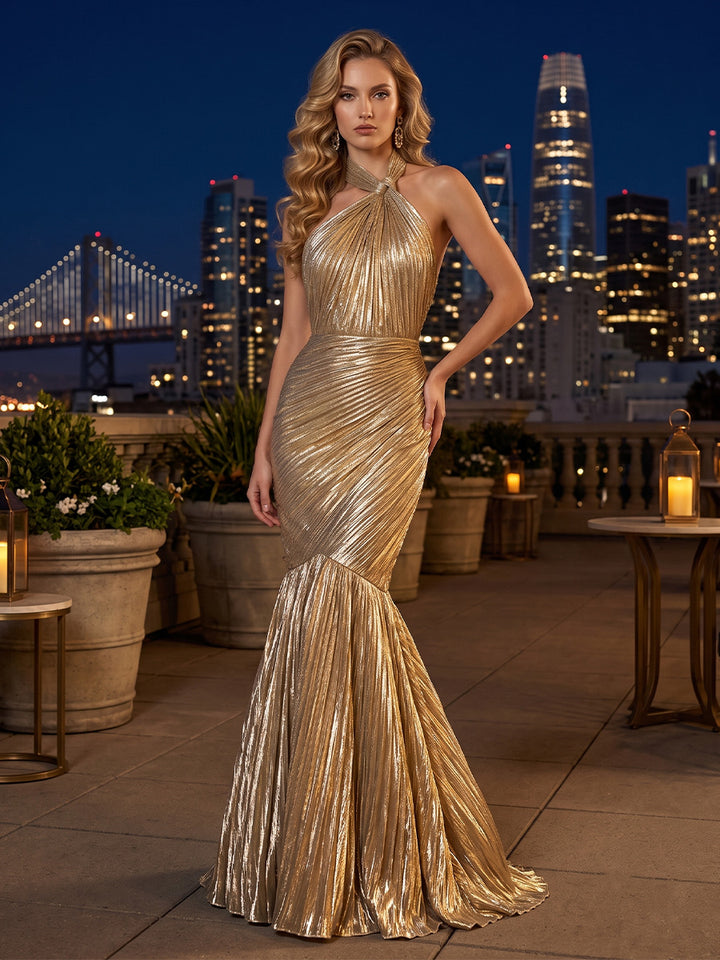 Metallic Satin Mermaid Halter Pleats Ruched Bodycon Evening Dresses