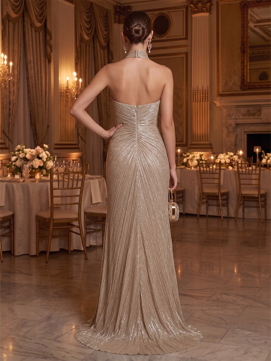 Metallic Satin Mermaid Halter Side Slit Evening Dresses