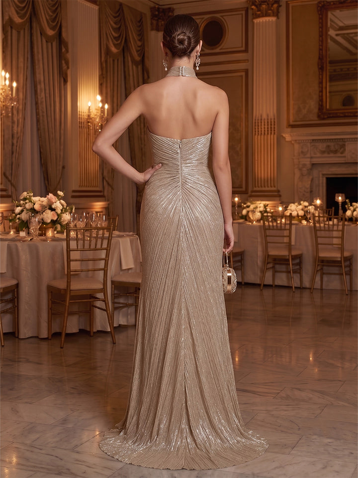 Metallic Satin Mermaid Halter Side Slit Evening Dresses