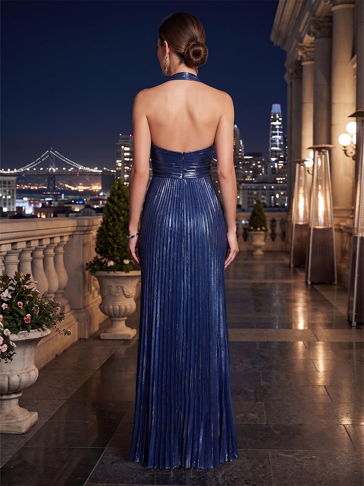 Metallic Satin A Line Halter Pleats Evening Dresses