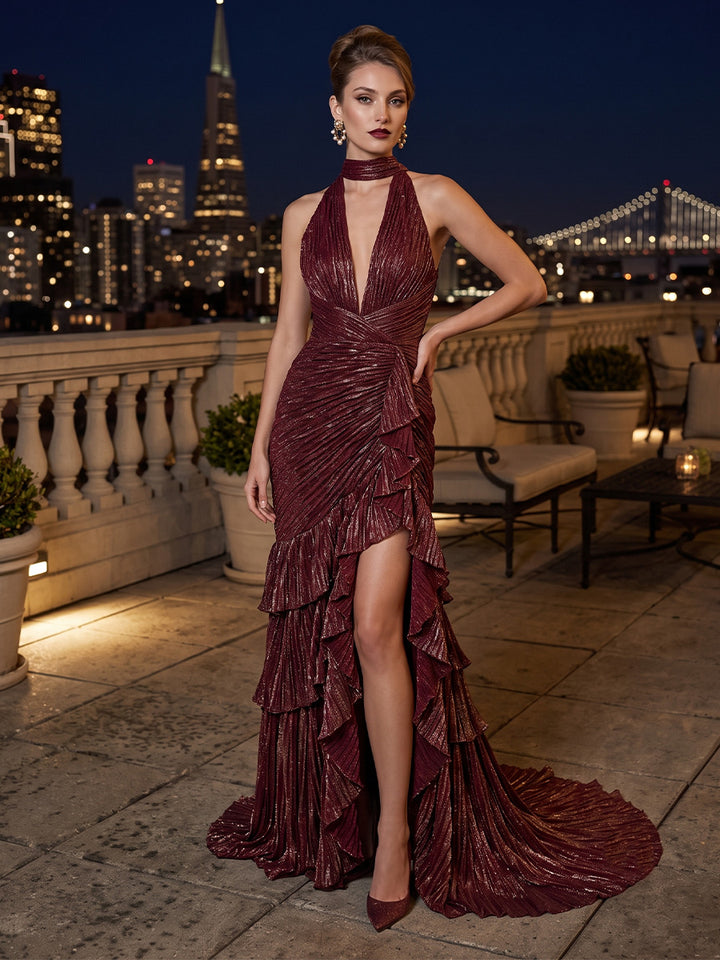 Metallic Satin Mermaid Halter Ruffles Tiered Evening Dresses