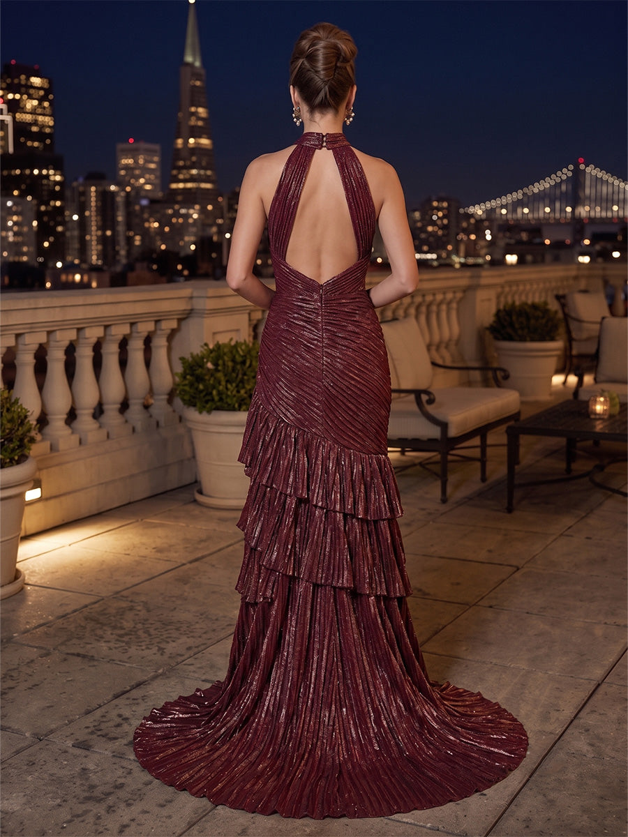 Metallic Satin Mermaid Halter Ruffles Tiered Evening Dresses