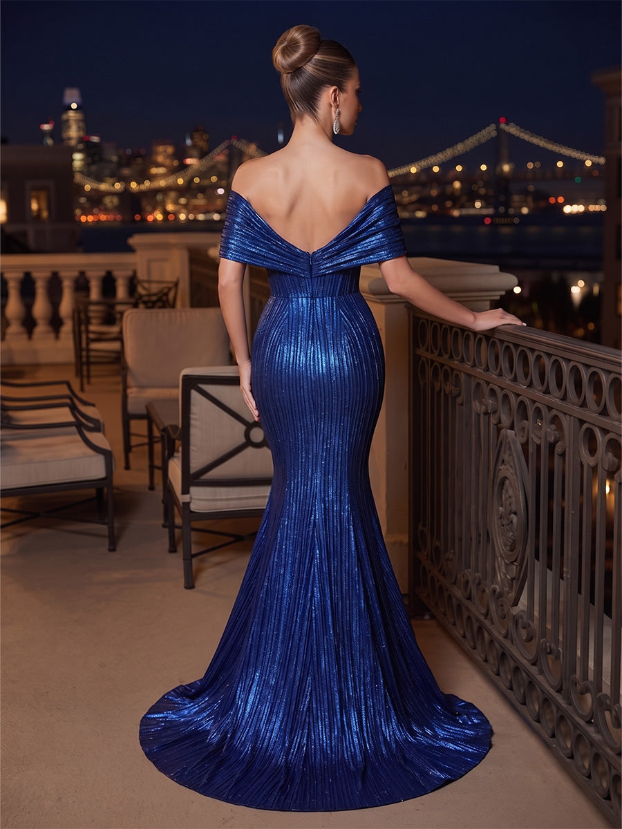Metallic Satin Mermaid Off the Shoulder Pleats Backless Evening Dresses