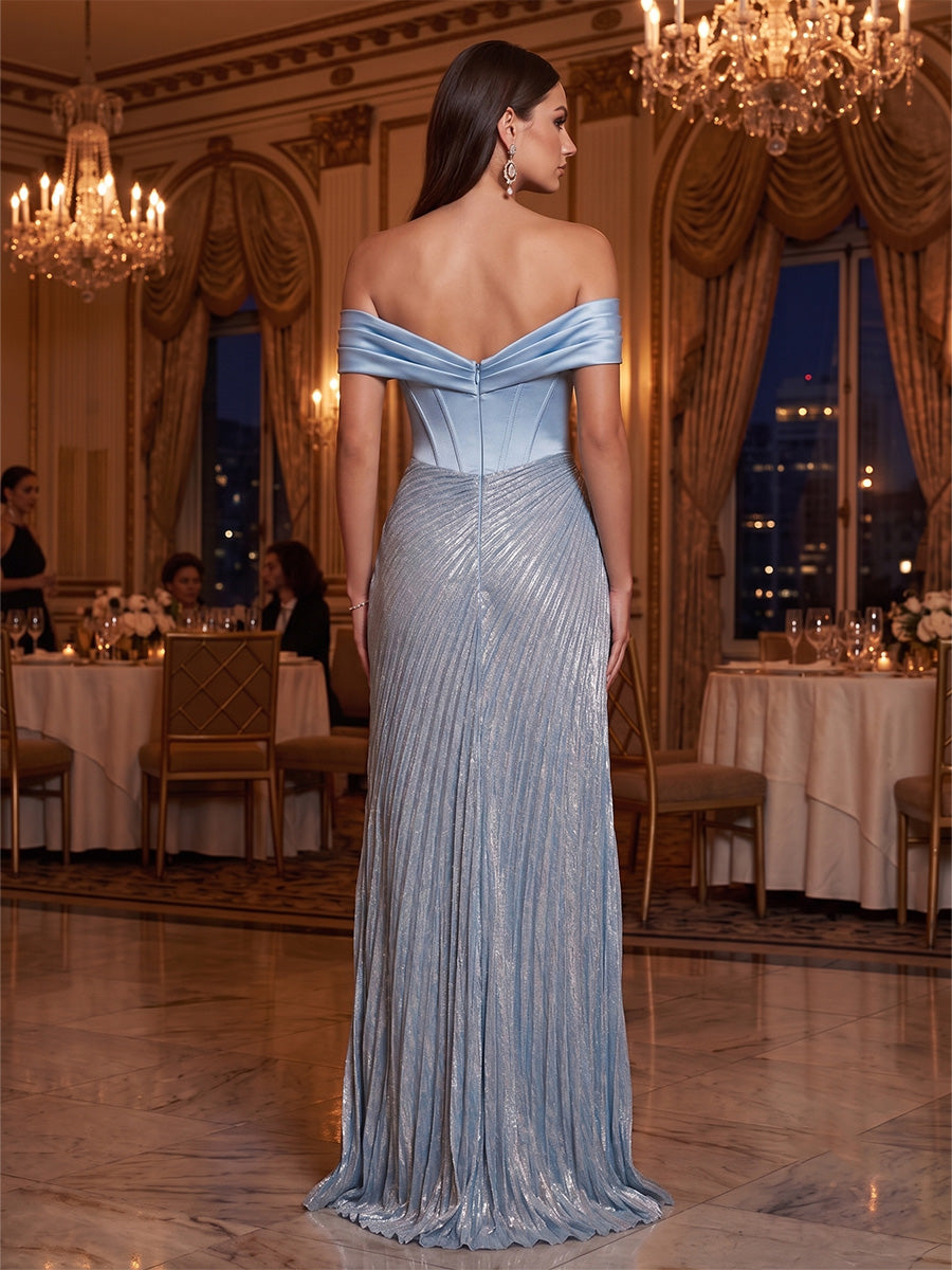 Metallic Satin A Line Off the Shoulder Pleats Side Slit Evening Dresses