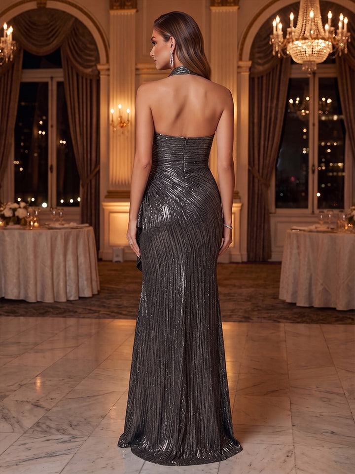 Metallic Satin A Line Halter Pleats Ruffles Evening Dresses