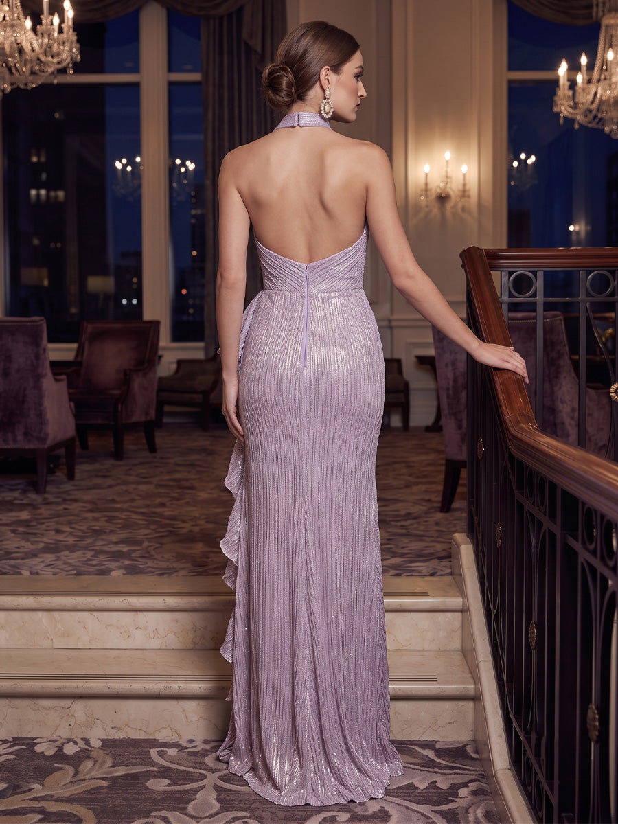 Metallic Satin Mermaid Halter Ruffle Slit Pleated Evening Dresses