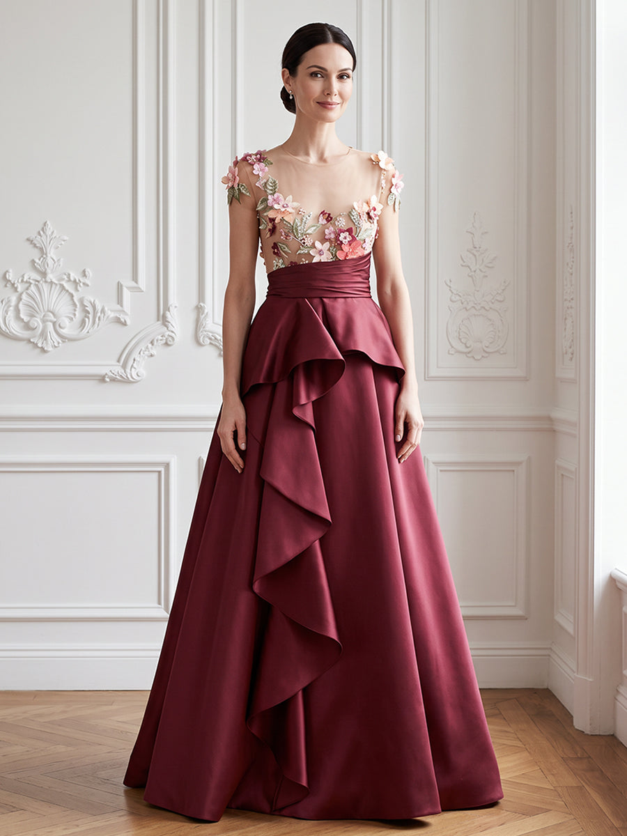 Satin A Line Jewel Neck Ruffles Applique Evening Dresses