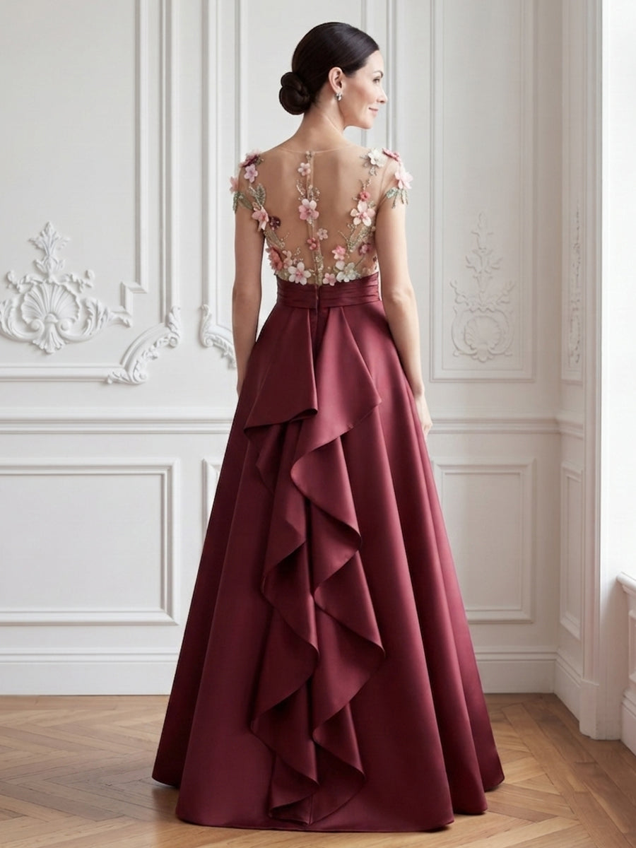Satin A Line Jewel Neck Ruffles Applique Evening Dresses