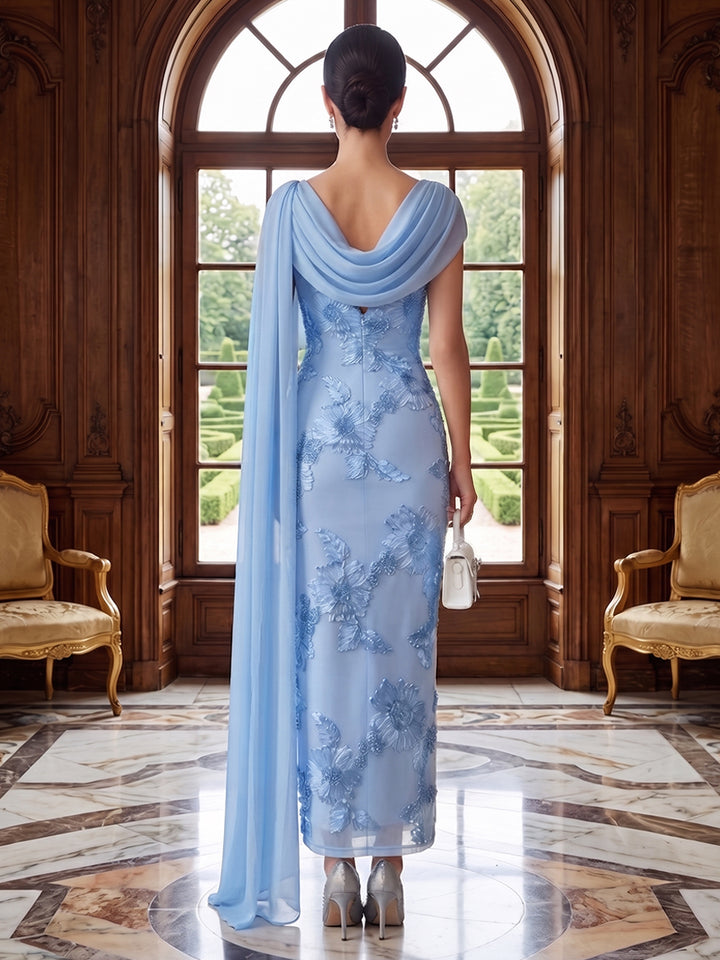 Tulle Mermaid Cowl Neck with Cape Side Drape Evening Dresses
