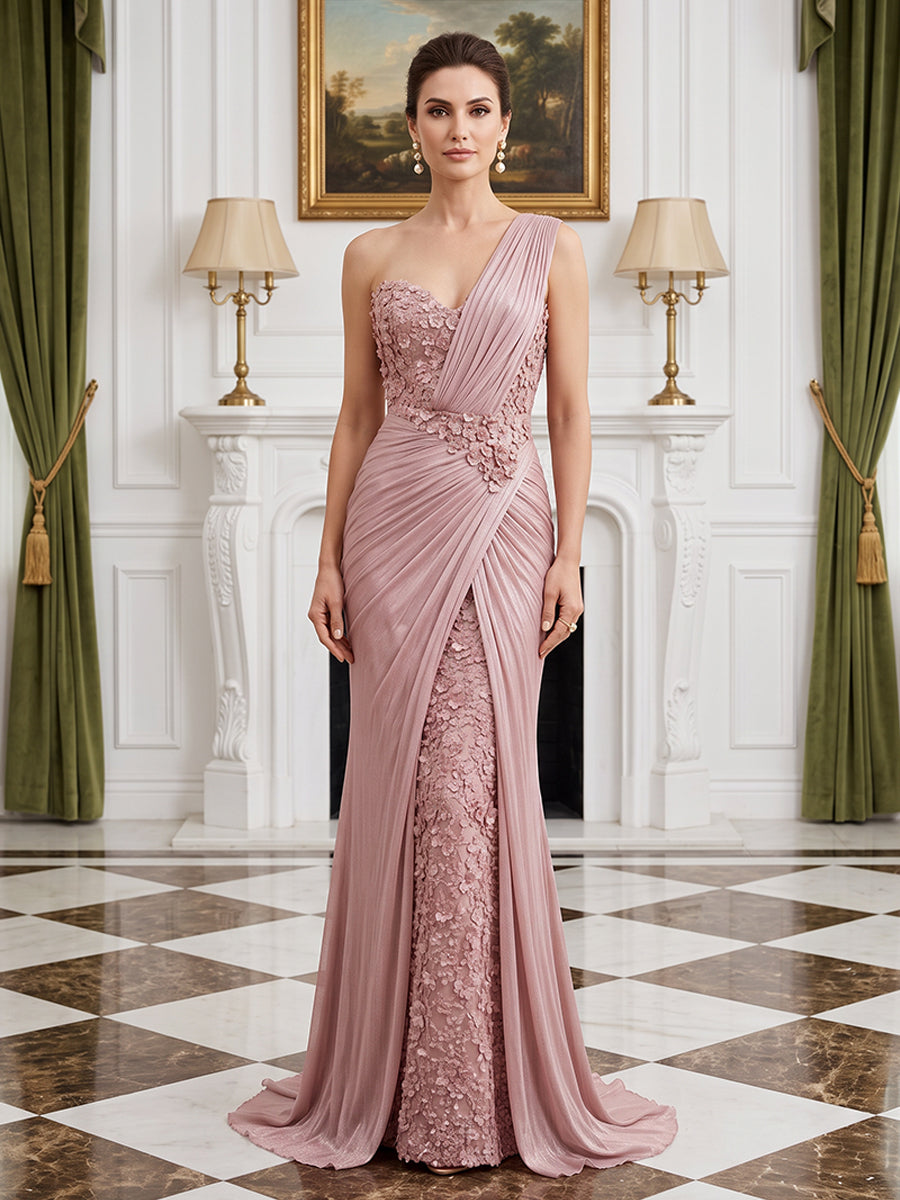 Satin Mermaid One Shoulder Pleats Evening Dresses