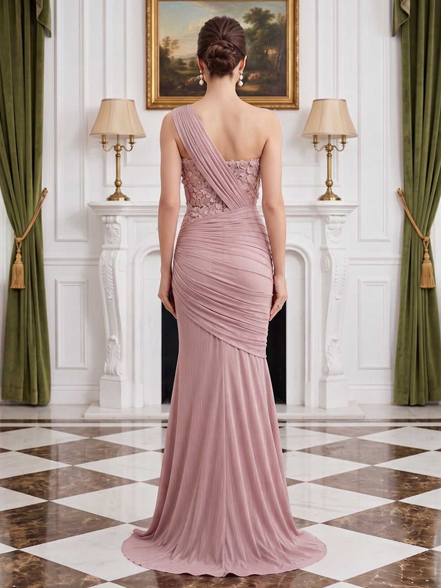 Satin Mermaid One Shoulder Pleats Evening Dresses
