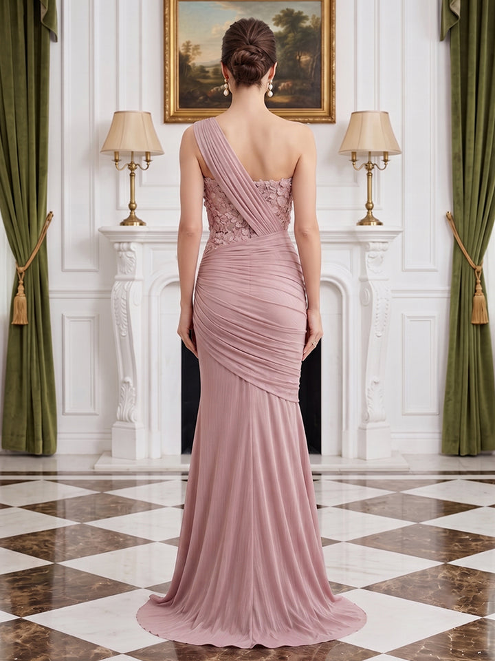 Satin Mermaid One Shoulder Pleats Evening Dresses