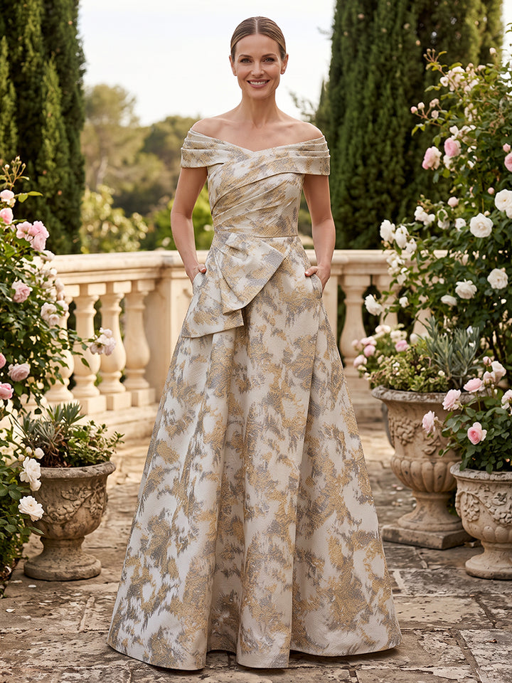 Jacquard A Line Off the Shoulder Pleats Evening Dresses