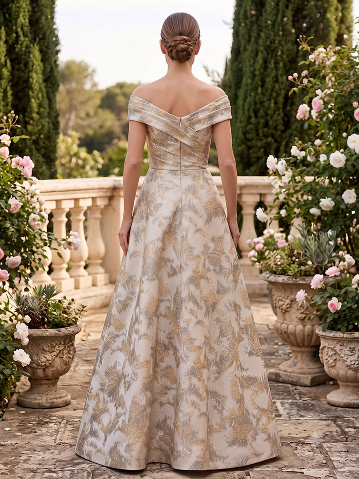 Jacquard A Line Off the Shoulder Pleats Evening Dresses