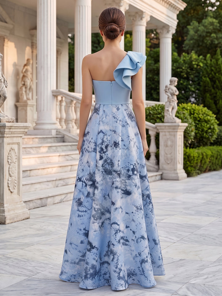 Satin A Line One Shoulder Ruffles Evening Dresses