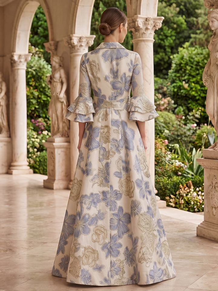 Jacquard A Line Lapel Collar Ruffles Sleeves Evening Dresses