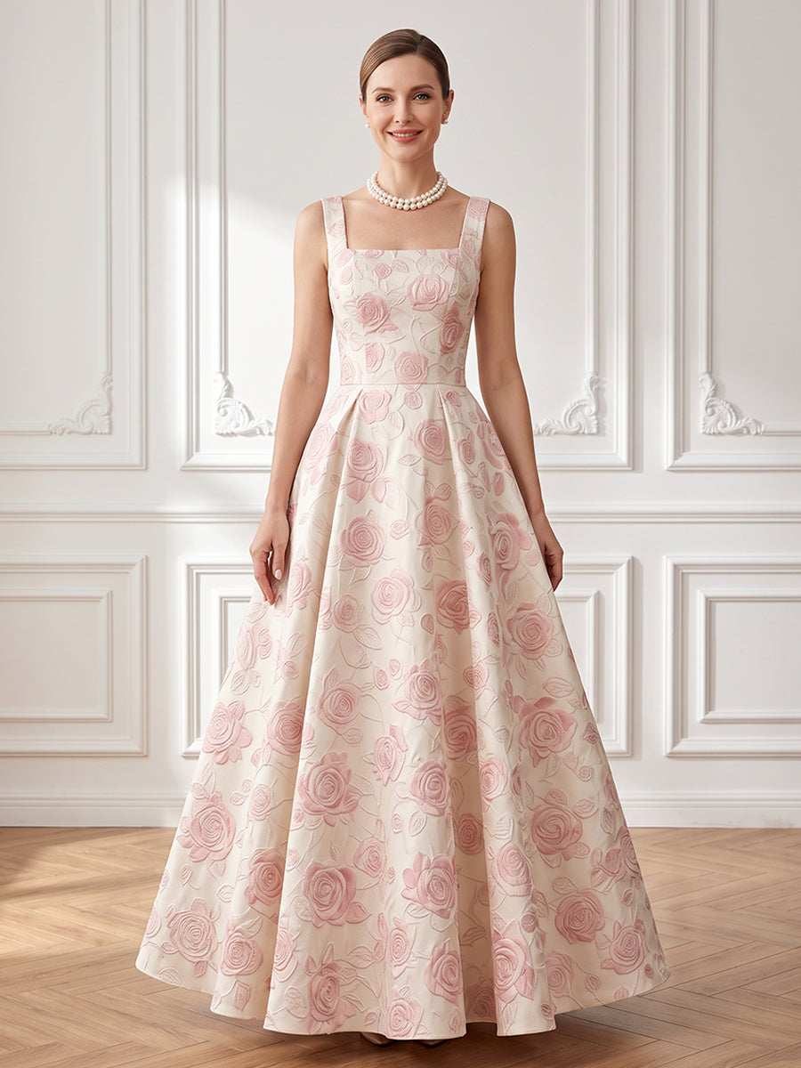 Jacquard A Line Square Neck Spaghetti Straps Evening Dresses