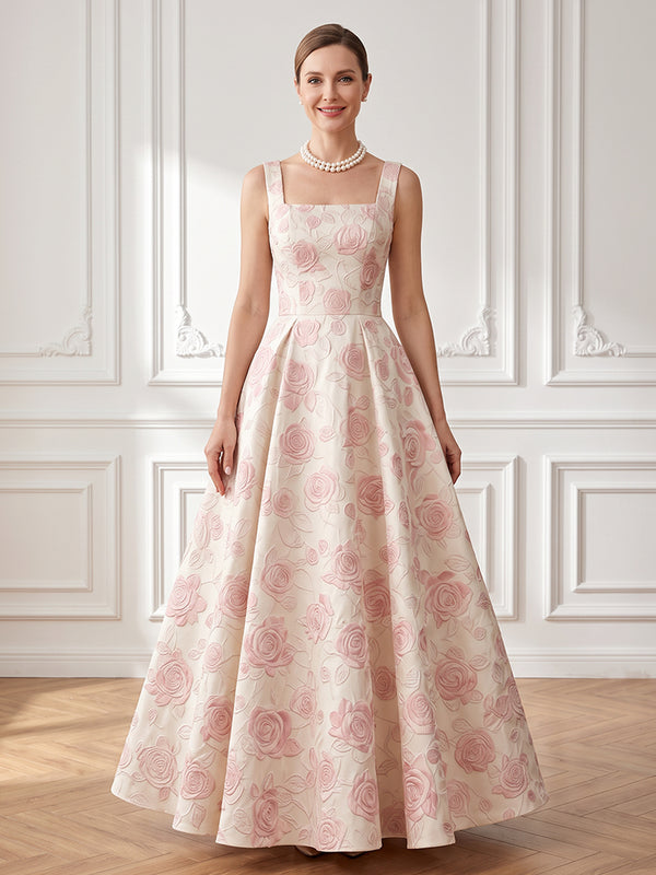 Jacquard A Line Square Neck Spaghetti Straps Evening Dresses