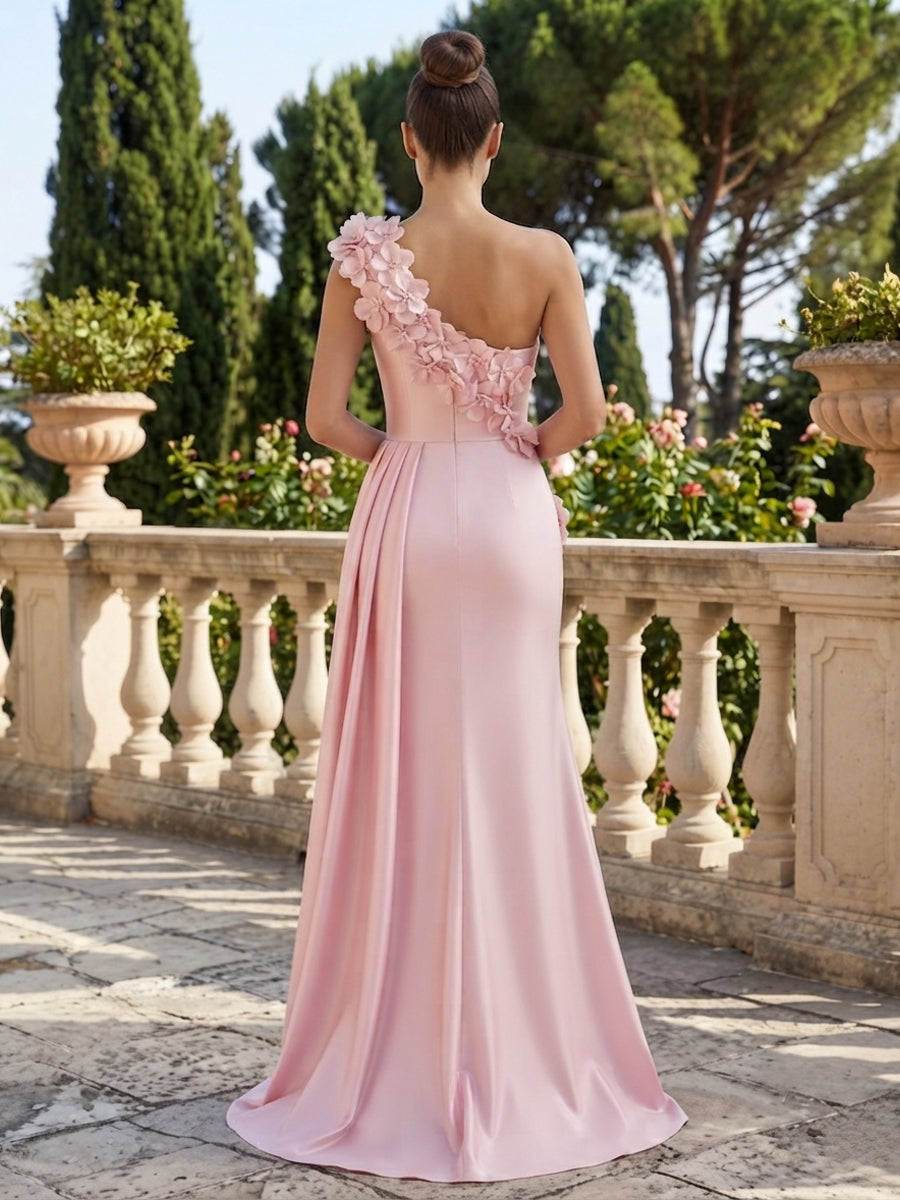 Satin A Line One Shoulder Sash Evening Dresses