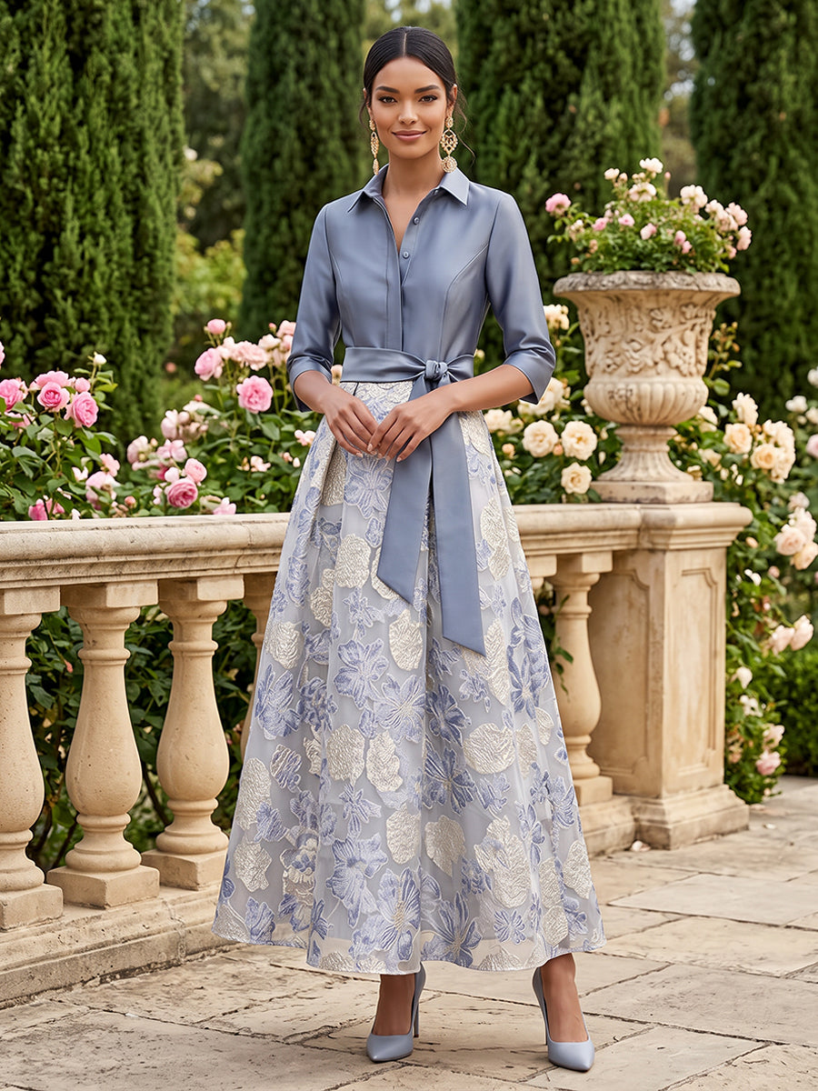 Satin A Line Lapel Collar Floral Embroidery Evening Dresses