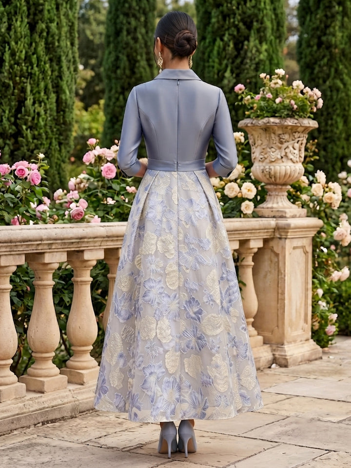 Satin A Line Lapel Collar Floral Embroidery Evening Dresses
