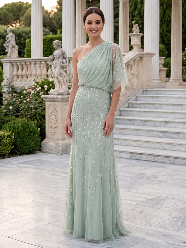Chiffon A Line One Shoulder Draped Bodice Beaded Evening Dresses