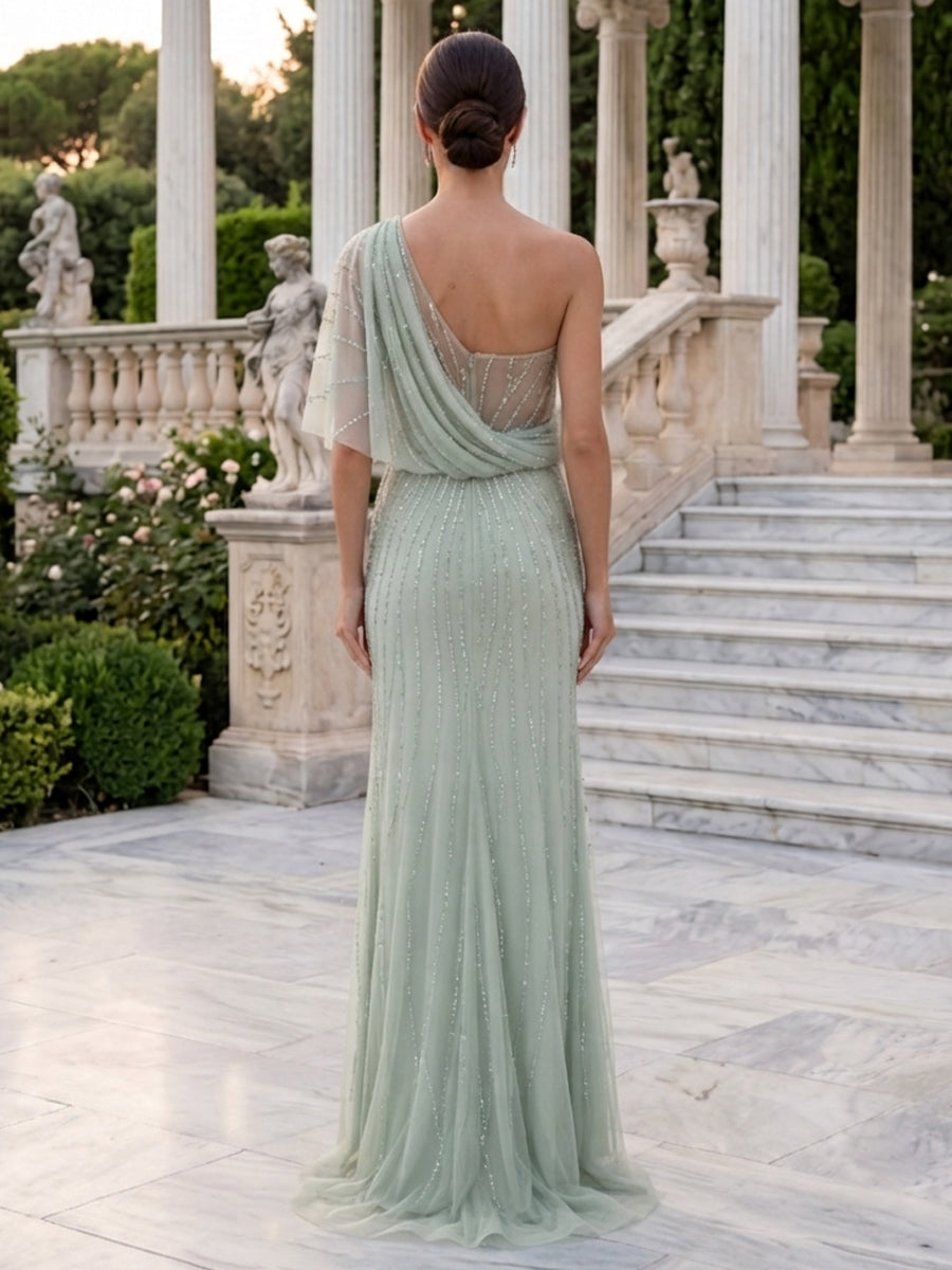 Chiffon A Line One Shoulder Draped Bodice Beaded Evening Dresses