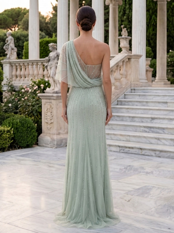 Chiffon A Line One Shoulder Draped Bodice Beaded Evening Dresses