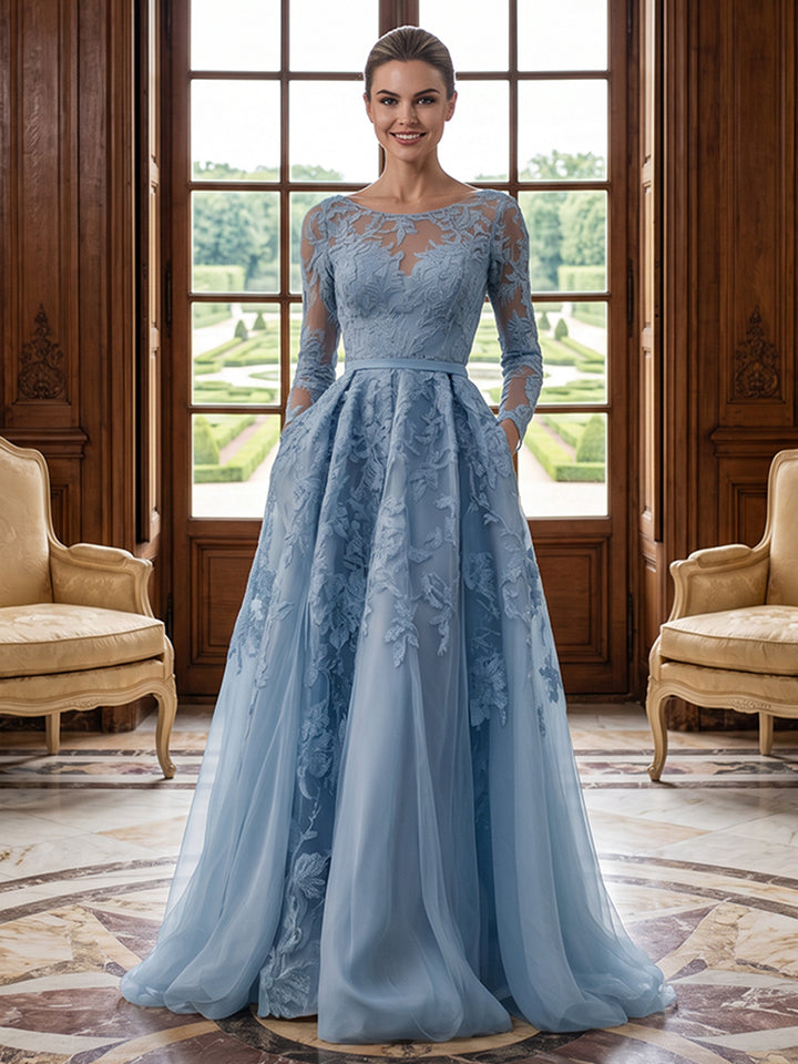 Tulle A Line Jewel Neck Lace Appliques Floral Evening Dresses