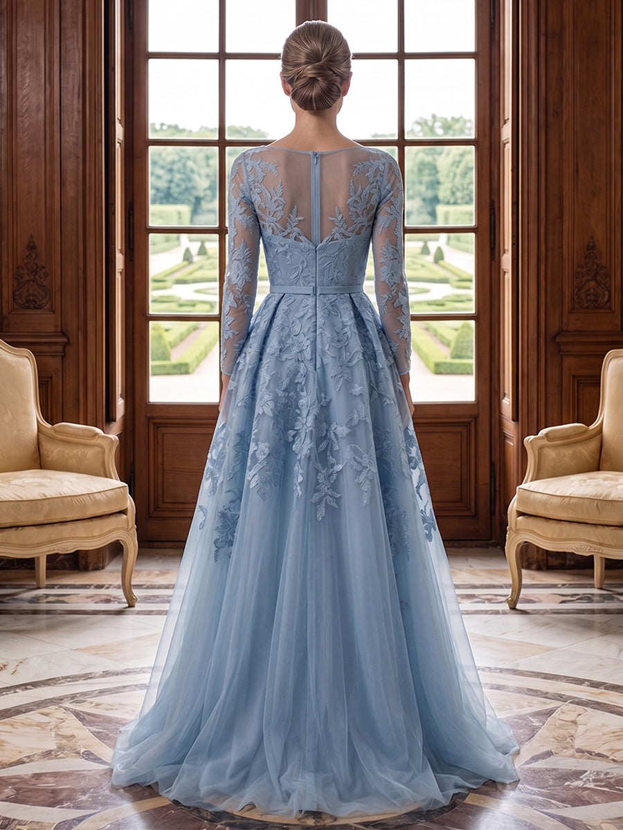Tulle A Line Jewel Neck Lace Appliques Floral Evening Dresses