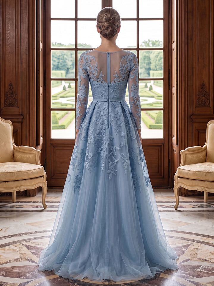 Tulle A Line Jewel Neck Lace Appliques Floral Evening Dresses