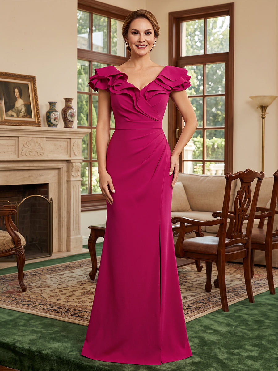 Satin Mermaid Off the Shoulder Ruched Waist Side Slit Evening Dresses