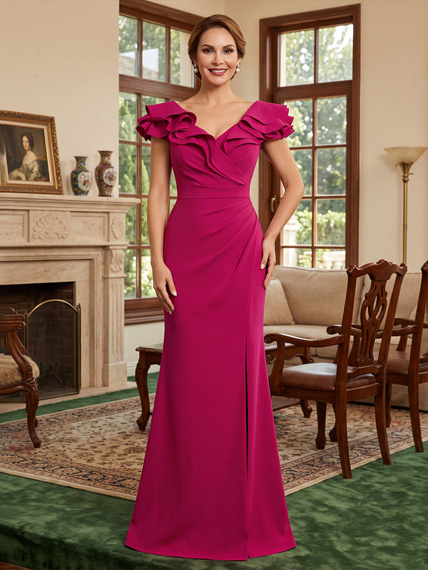 Satin Mermaid Off the Shoulder Ruched Waist Side Slit Evening Dresses