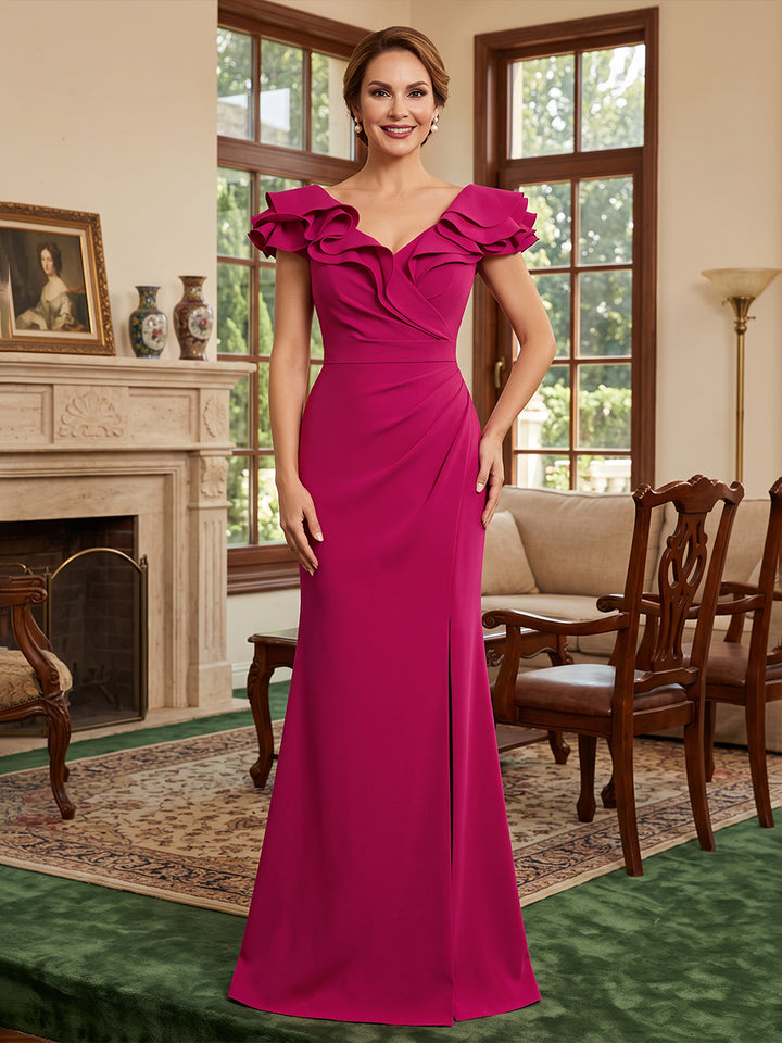 Satin Mermaid Off the Shoulder Ruched Waist Side Slit Evening Dresses