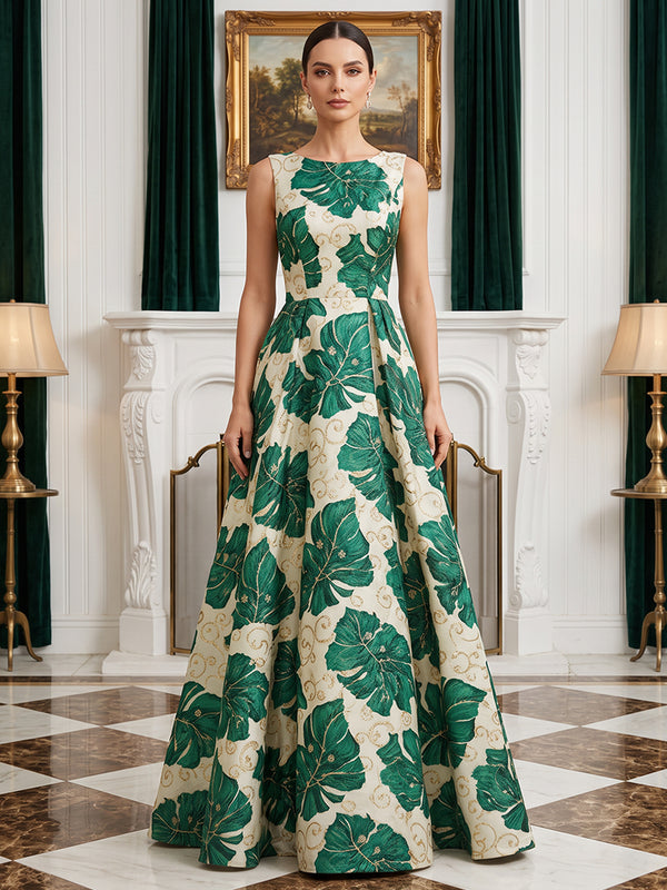 Jacquard A Line Jewel Neck Floral Evening Dresses