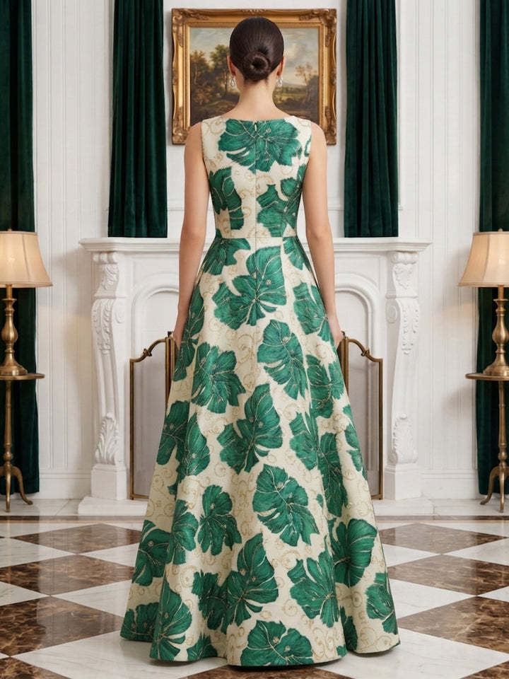 Jacquard A Line Jewel Neck Floral Evening Dresses