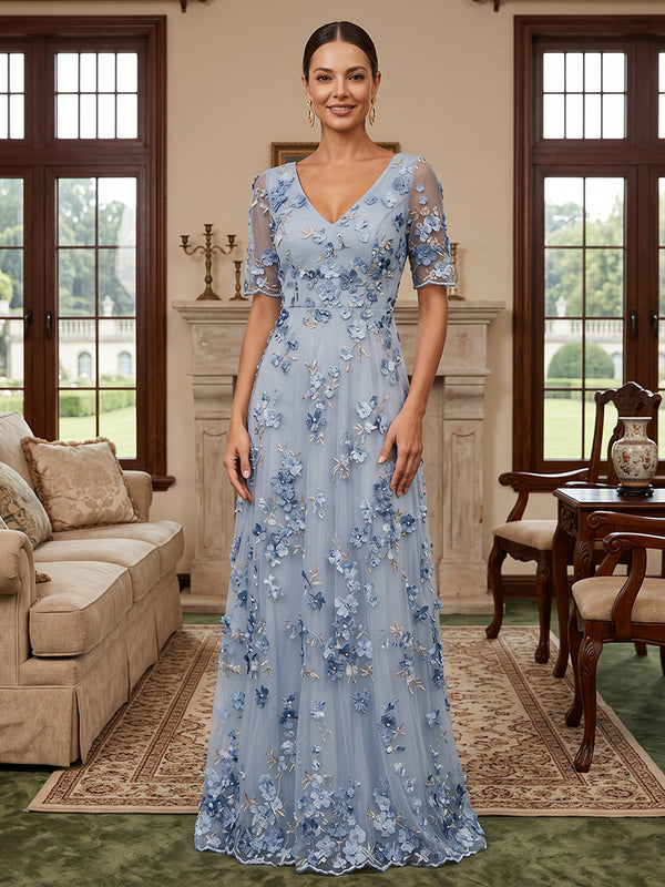 Tulle A Line V Neck Embroidery Evening Dresses