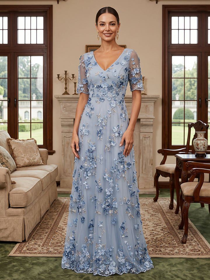 Tulle A Line V Neck Embroidery Evening Dresses