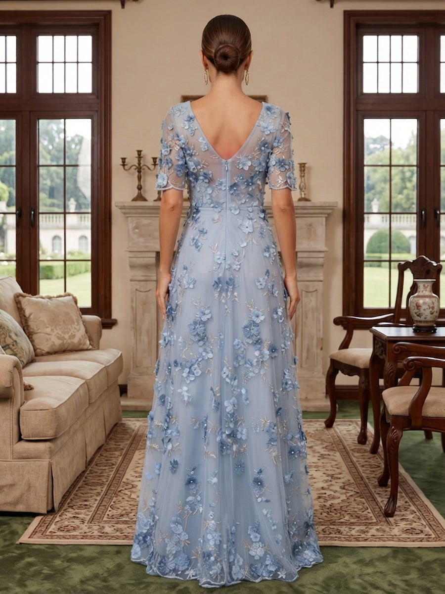 Tulle A Line V Neck Embroidery Evening Dresses