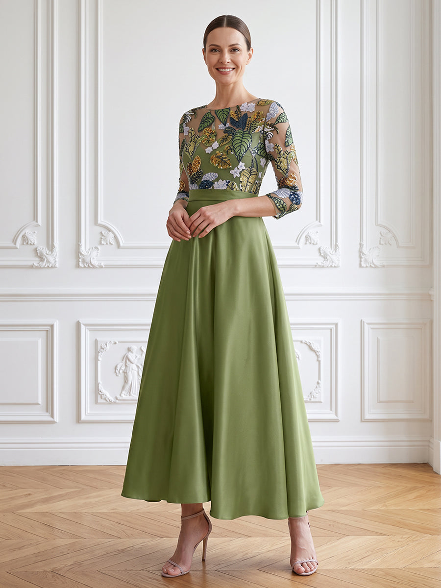 Satin A Line Jewel Neck High Waist Evening Dresses